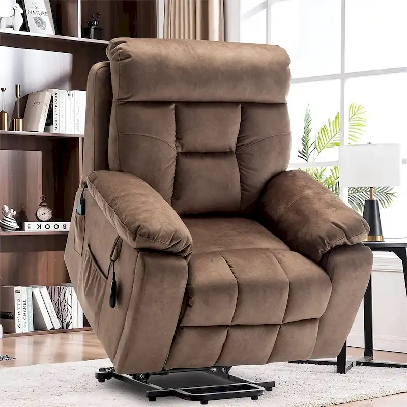 Power Lift Recliner, Massage & Heat, Velvet, 8-Point Massage, Cup Holder, Reclines 160°, Seats 1, Light/Dark Brown