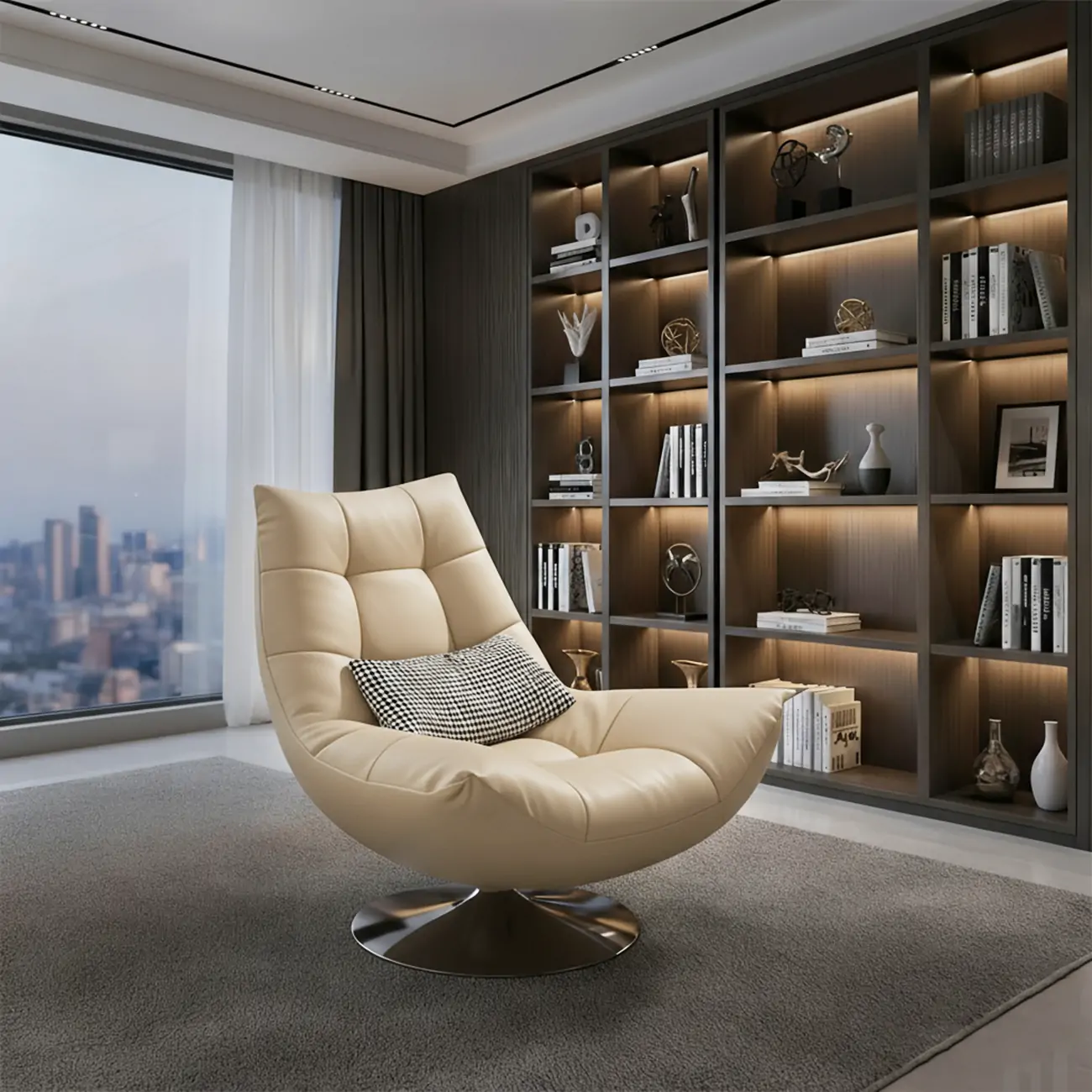 Black Swivel Tufted Leather Accent Chair Pillow Included