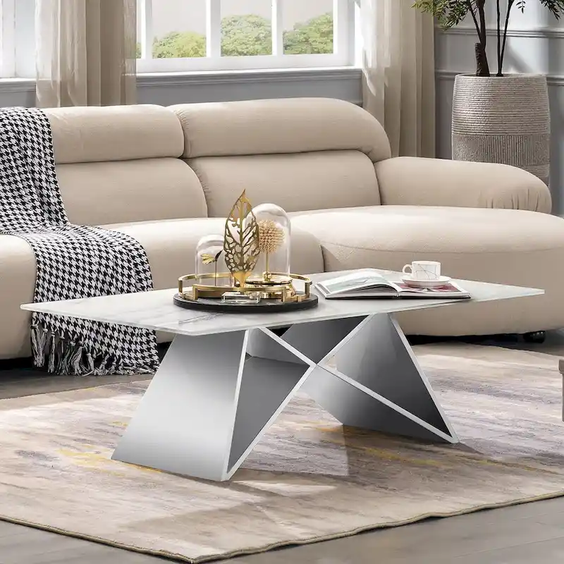 Luxurious 50 inch Rectangle White Glass Coffee Table with Mirrored M-Shaped Base