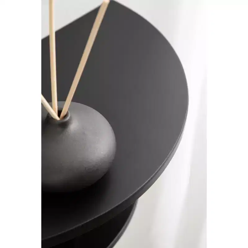 Half Circle Wood Floating Side Table – 18x14, Black, Built-In Shelves, Space-Saving