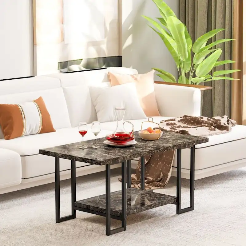 Mieres 39  Wide 2-Tier Faux Marble Top Coffee Table with Steel Frame