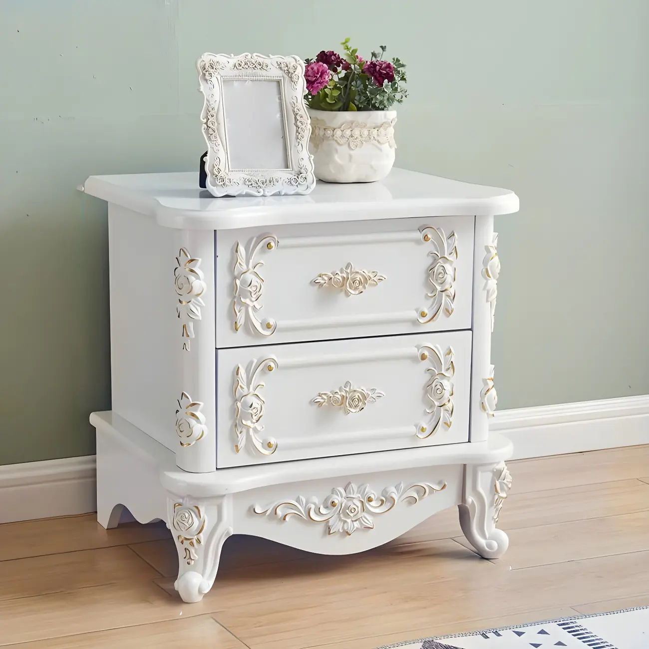 Traditional White Wood Carved 3-Drawer Nightstand