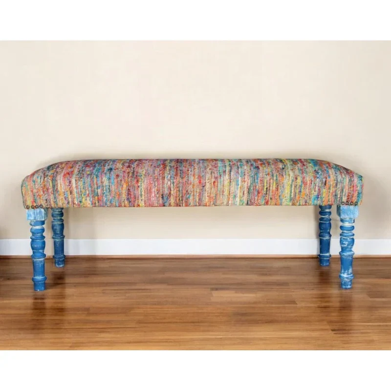 HomeRoots 47 Rainbow Stripe Blue Leg Upholstered Bench - 47 x 18 x 16
