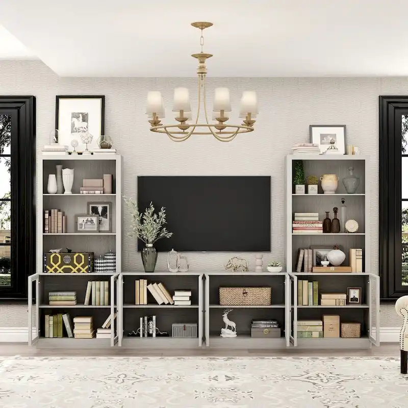 Home Media Center Sleek Design with Ample Shelving and Glass Accents