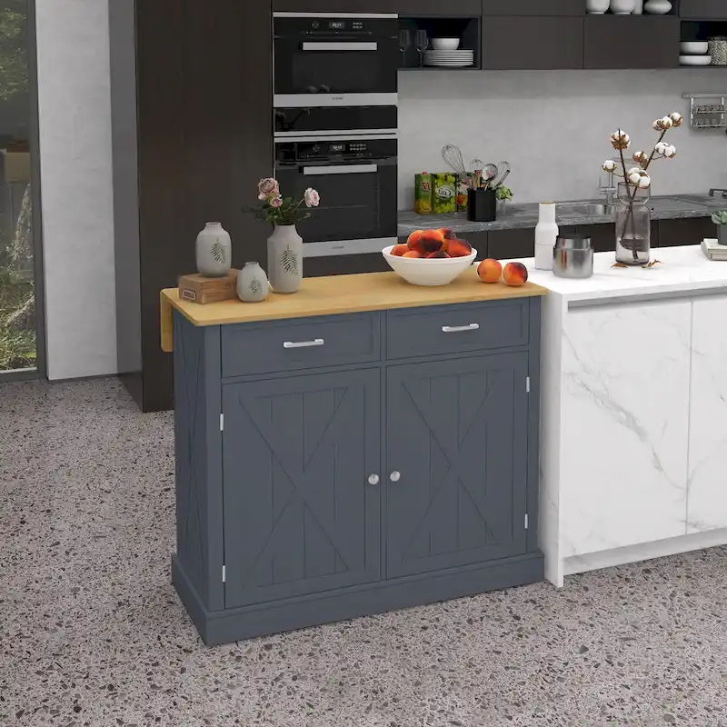 Grey Farmhouse Rolling Kitchen Island Cart with Drop Leaf, 2 Drawers and Cabinet – Single Unit