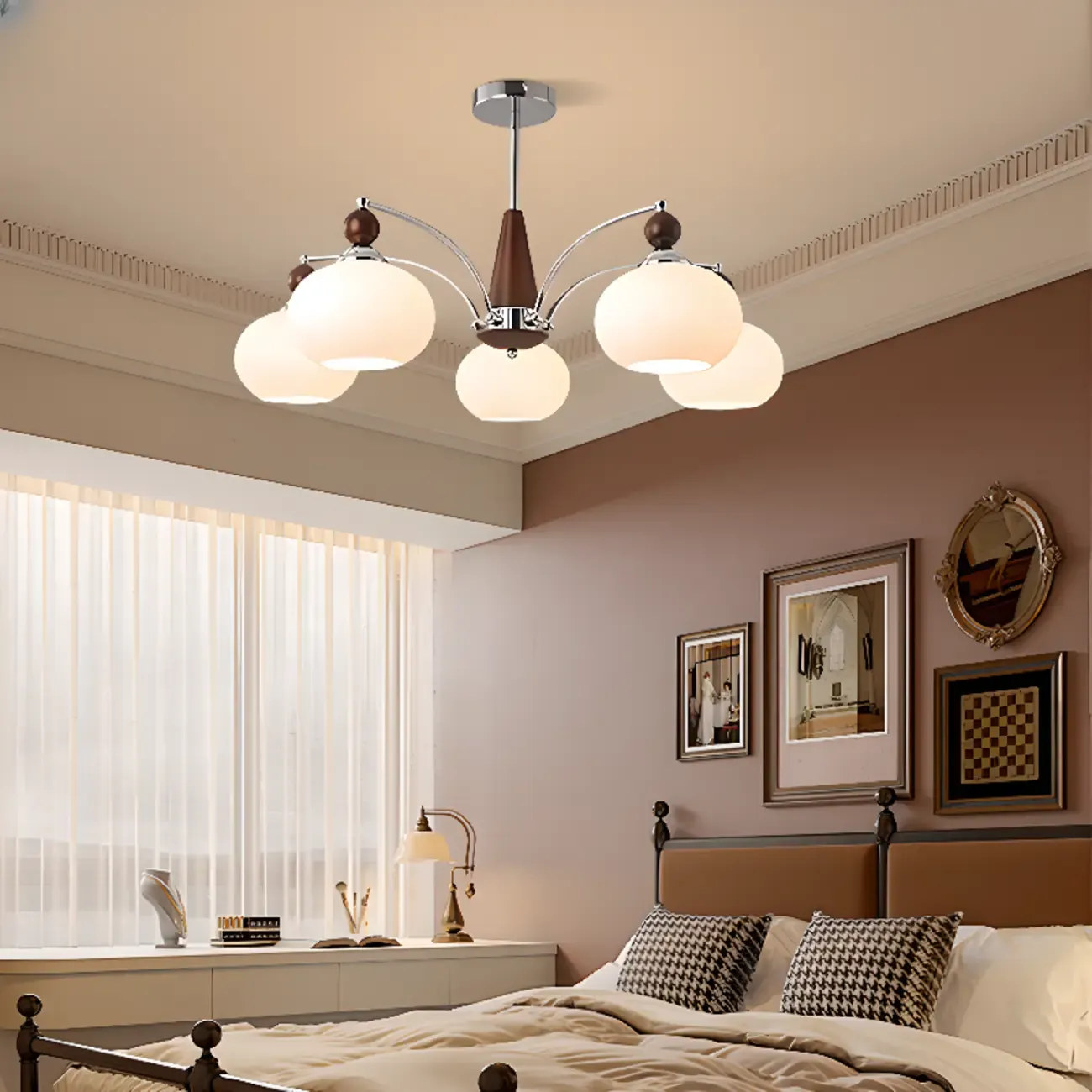White Globe Chandelier with Glass Shades for Bedroom