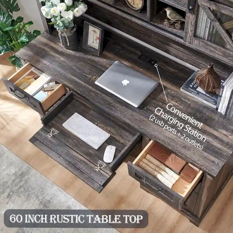 Farmhouse Desk, Wood Home Office Executive Desk with Charging Station