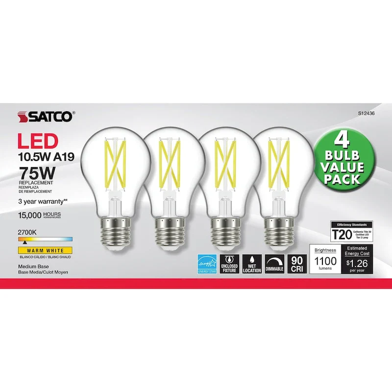10.5 Watt A19 LED 75 Watt Replacement Clear Medium base 2700K 120 Volt 4-Pack