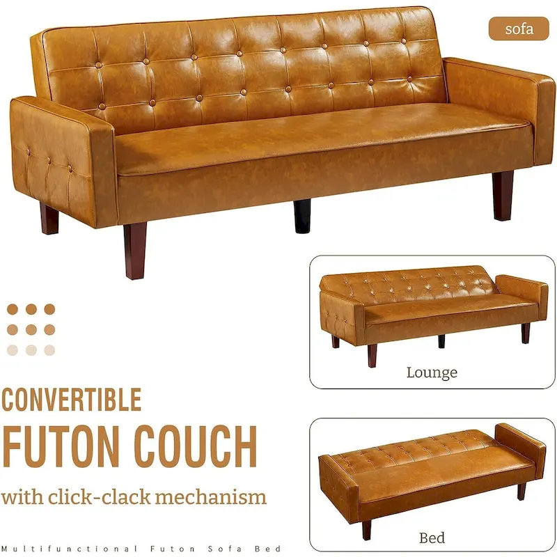 Faux Leather Futon Sofa Bed Sleeper Couch, Mid Century Button Tufted Upholstered Convertible Sofa Bed with Wooden Legs