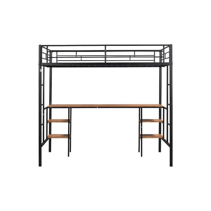 Twin Metal Loft Bed with Table & Shelves