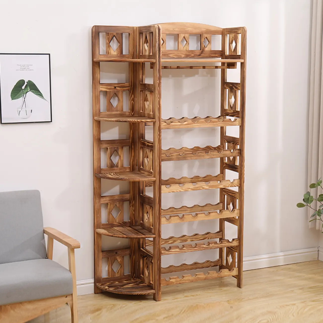 Free Standing Pine Wood Wine Racks with Bar Glass Holder Shelf