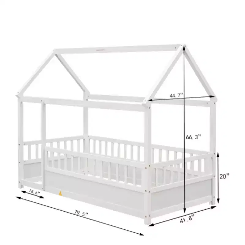 Gray / White House Roof Floor Bed with Fence Guardrails – Single