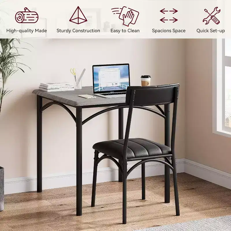 Modern Rustic Square Dining Set, 29.2' L x W 30.1' H Table, 33.7' 18.4' 17' Chairs, 2 Person, Metal & MDF, Easy Assembly, Space-Saving