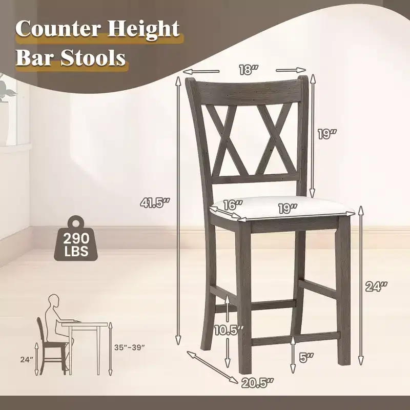 2PCS Bar Stools 24 Counter Height Stools w/ Linen Fabric Upholstered Seat Gray
