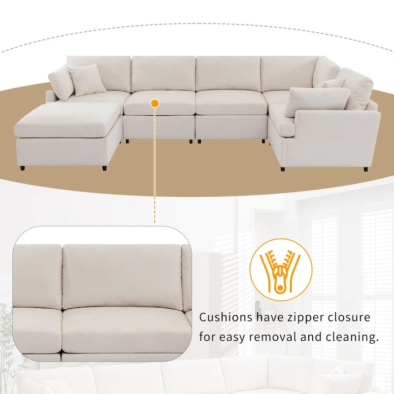 100.4 Spacious U-Shape 6 Seater Sectional Sofa with Removable Ottomans and Pillow, Flexible Configuration