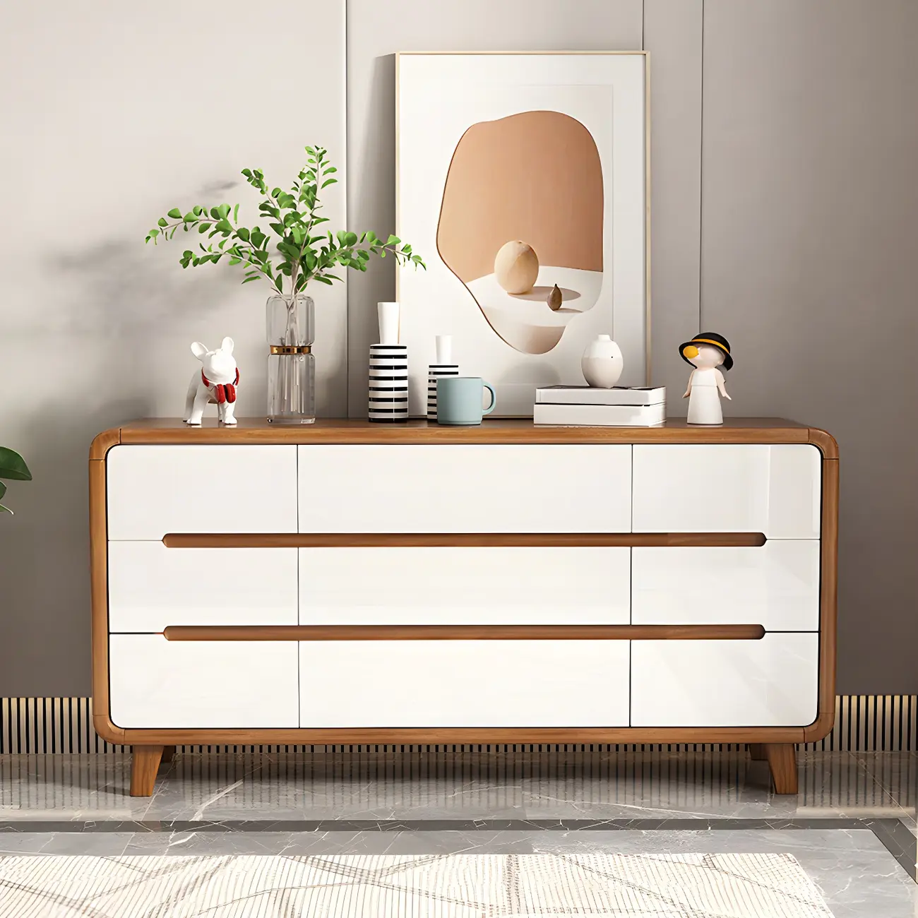 Traditional White-Brown Wooden Double Dresser Arched Edge