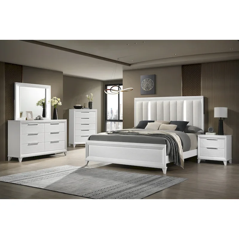 Denissa 6 Piece White Upholstered LED Panel Bedroom Set