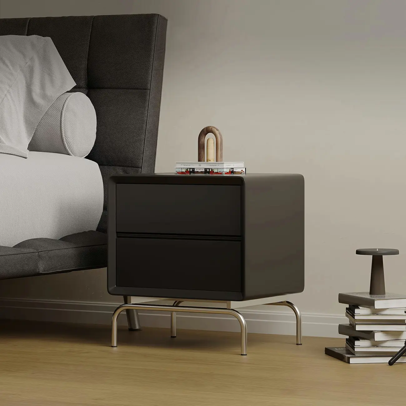 Classic Black Wood 2 Drawers Nightstand with Silver Metal Base