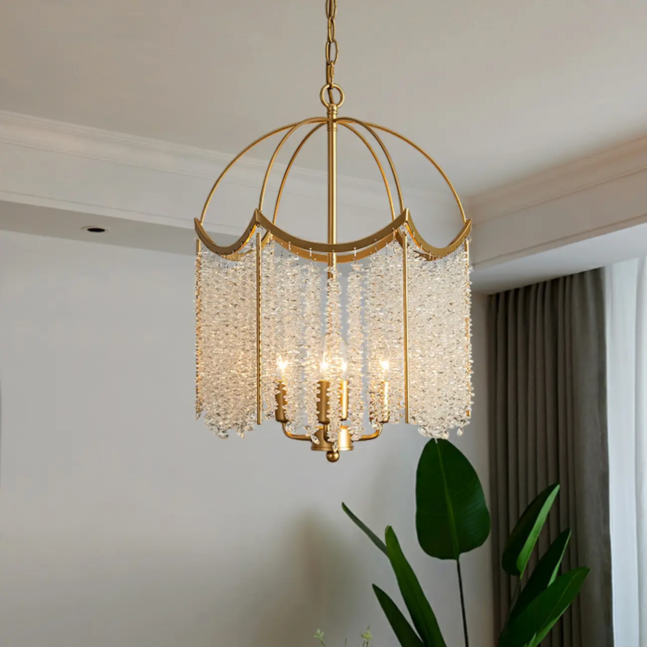 Chic Gold Caged Crystal Tassel Chandelier
