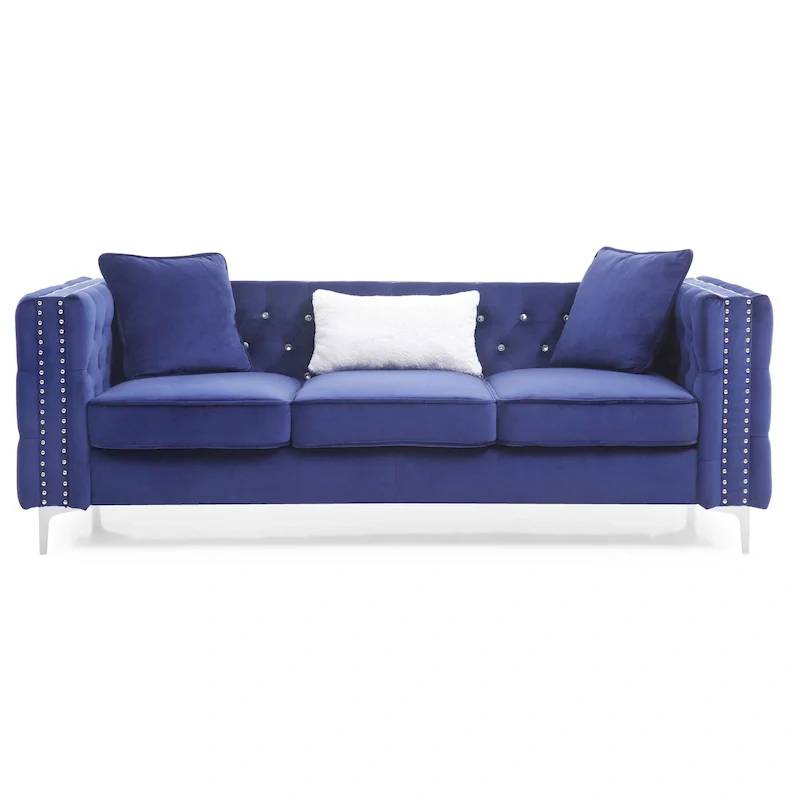 Tufted Velvet Sofa - Blue, 3-Seater, Track Arms, 2 Throw Pillows, 86W x 30H, Contemporary