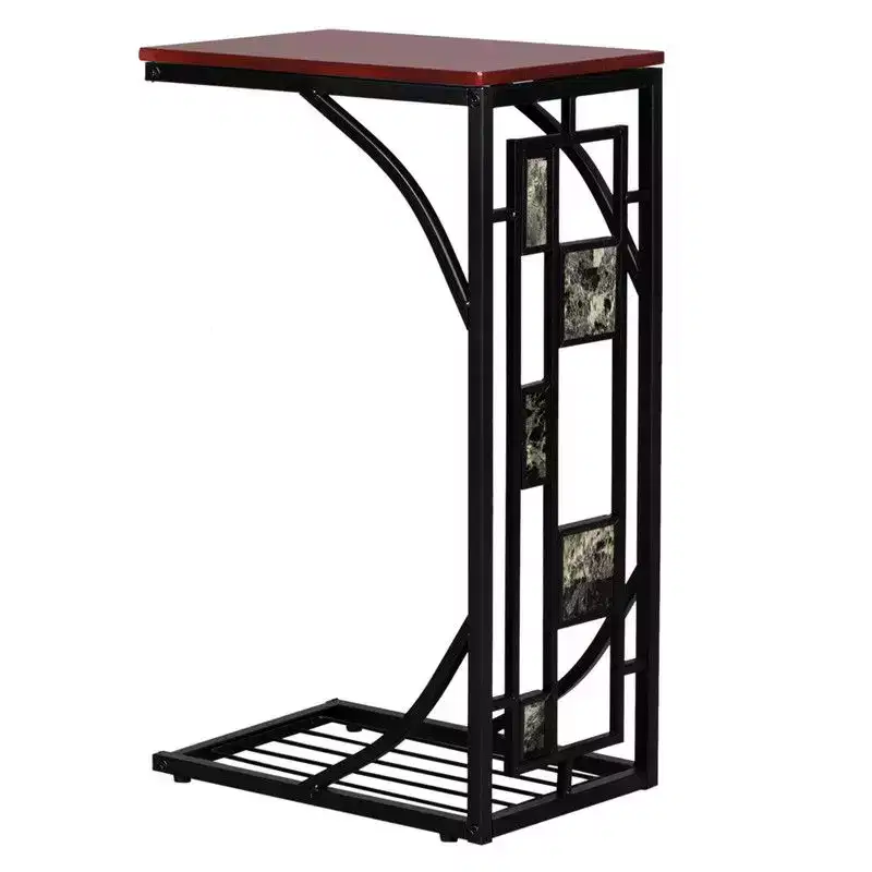 Disassembled and Assembled Single-layer C-shaped Table with Brown Density Board Tabletop, Black Powder-coated Iron Frame, Gravel Pattern Side Table