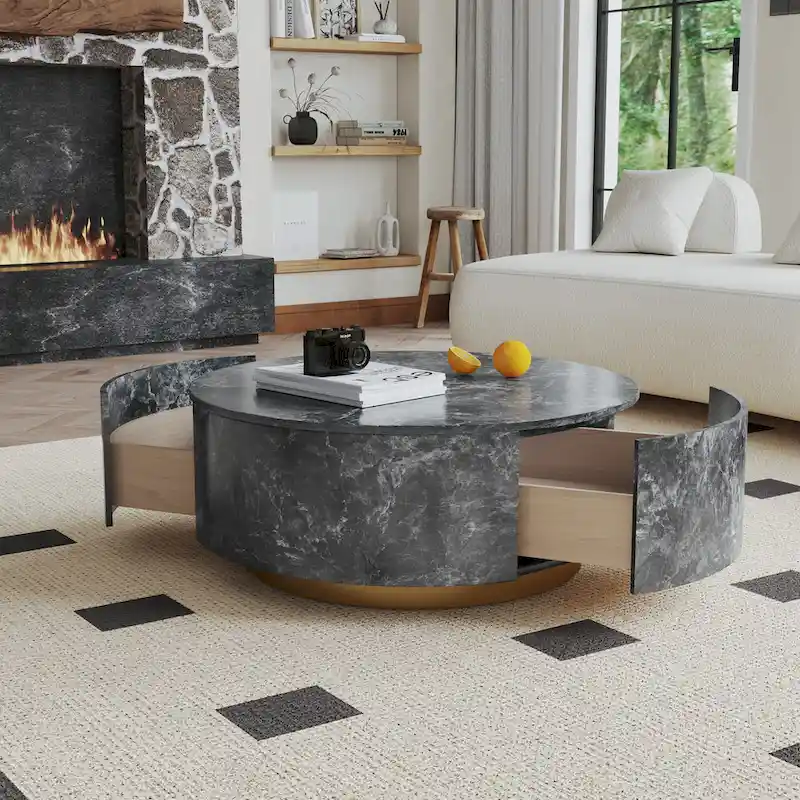Modern Faux Marble Round Coffee Table Center Table with 2 Drawers, Fully Assembled