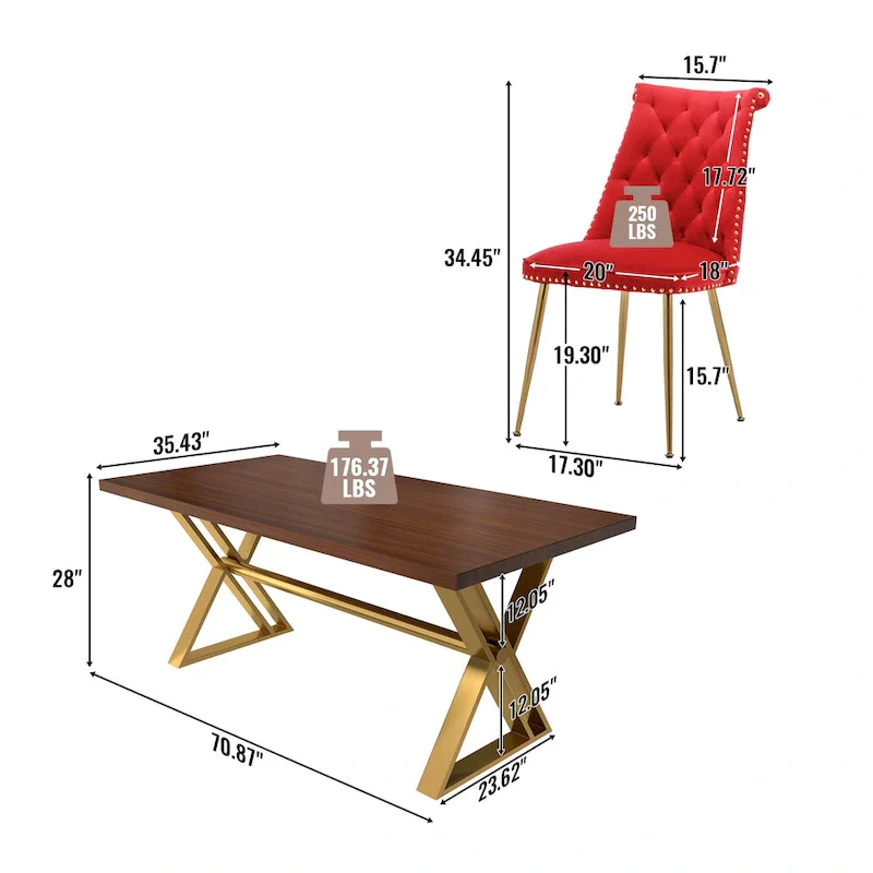 7-Piece  Walut Wood Dining Table with Velvet Chair Dining Chair