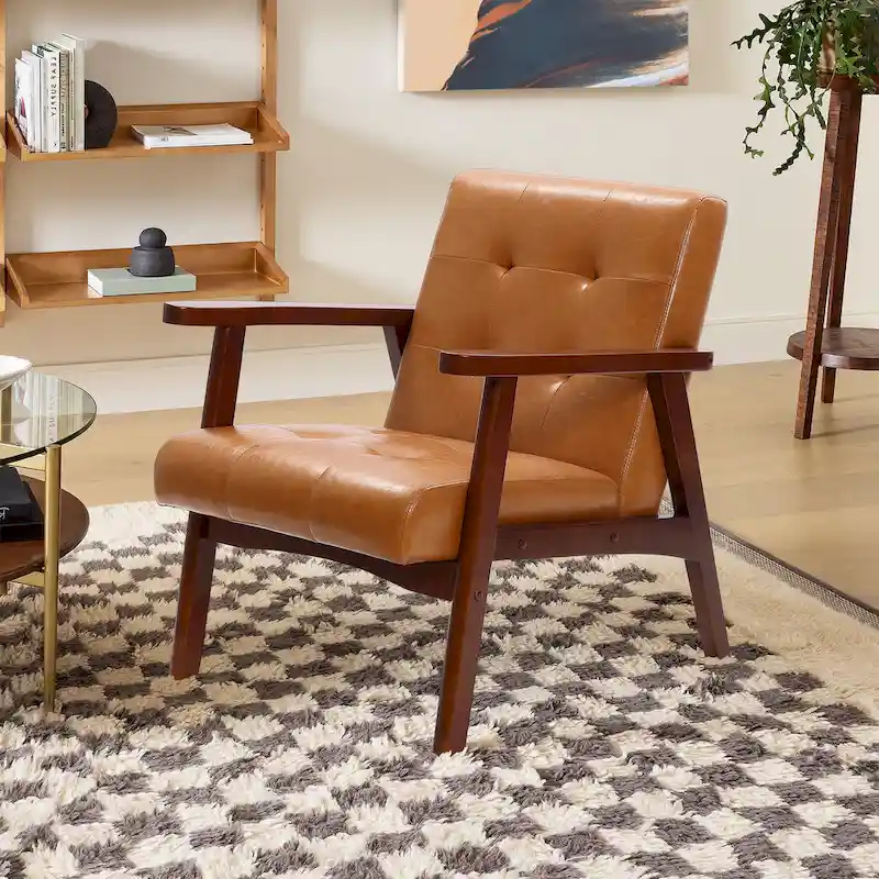 Mid-Century Armchair - Brown Faux Leather, Rubberwood Frame, 24.13W x 29.9H, Single Seat, 250 lbs