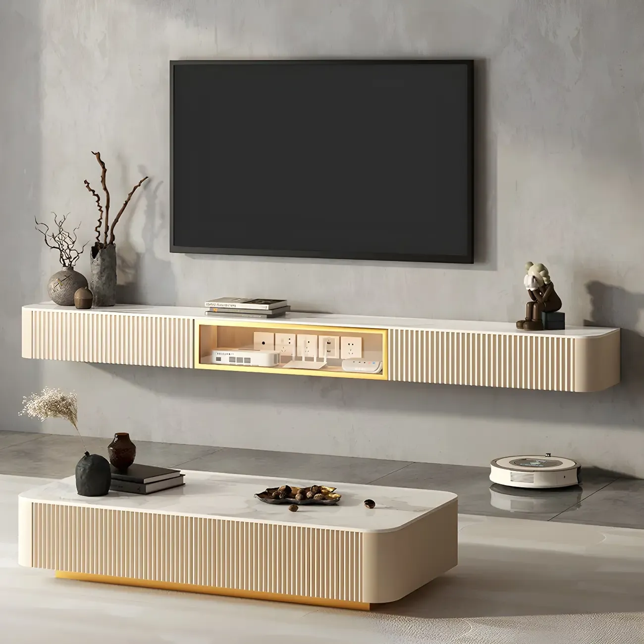 71 Beige Stone Floating TV Stand with Cable Management