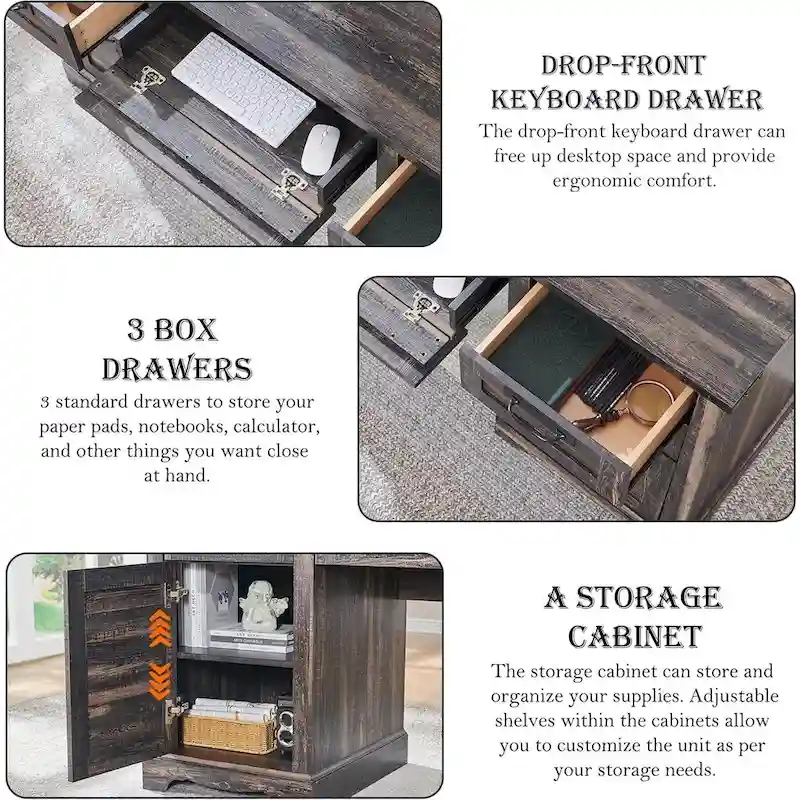 Farmhouse Desk, Wood Home Office Executive Desk with Charging Station