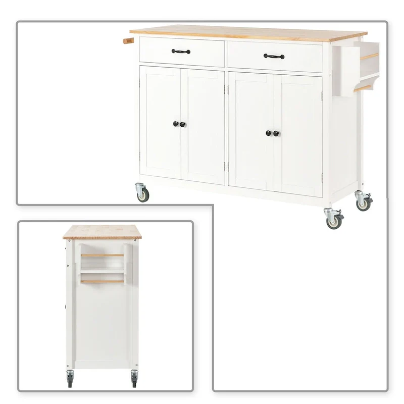 Classic Wooden Kitchen Island Cart with 2 Drawers, 2 Cabinets, a Towel Rack and a Spice Rack