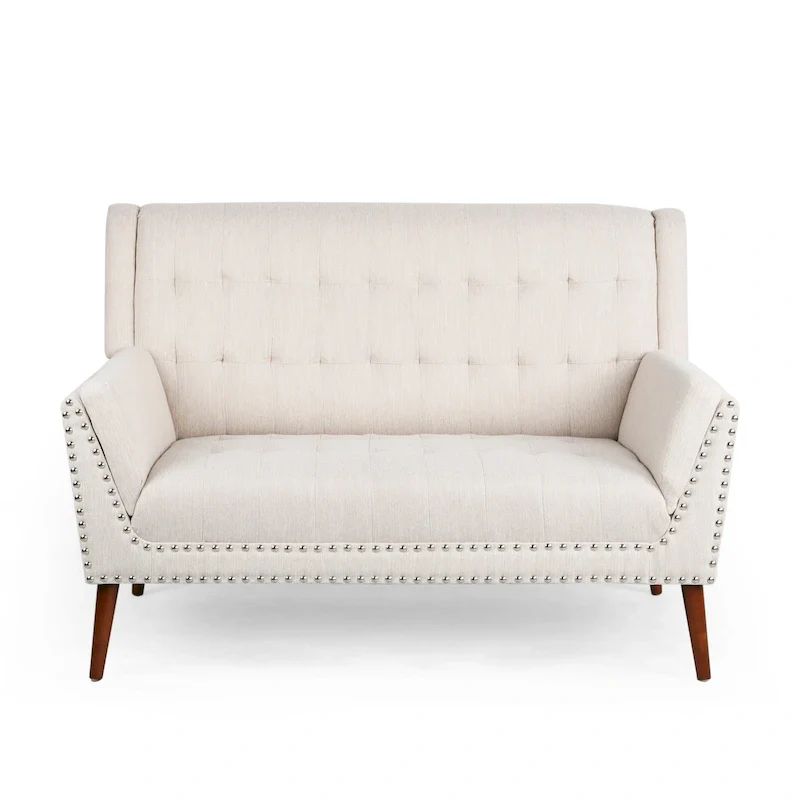 Mid-Century Modern Fabric Settee with Nailhead Trim