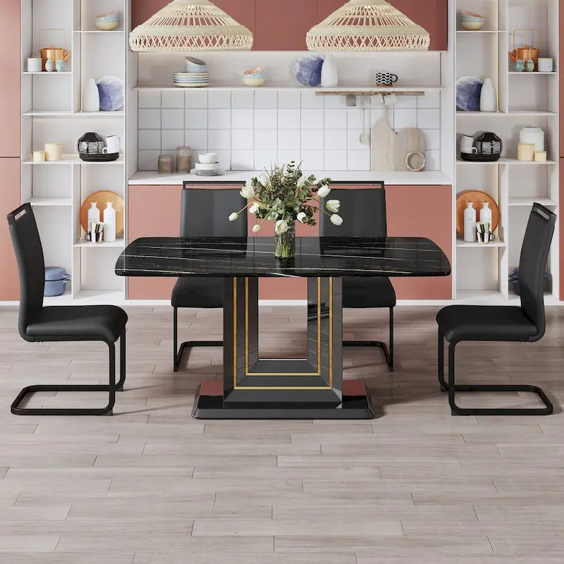 Dining table. Black imitation marble pattern desktop. Black MDF table legs, gold lines, black base