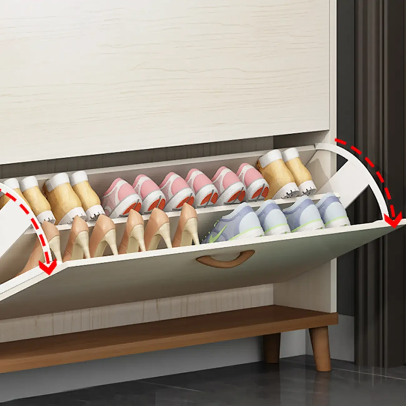 Narrow Beige Solid Wood Drop Front Shoe Cabinet
