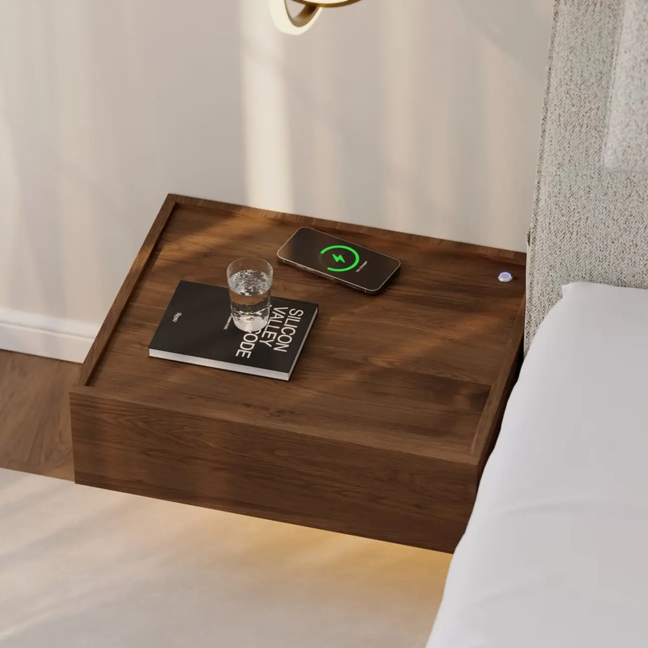 LED Wireless Charging Walnut Floating Nightstand Set of 2