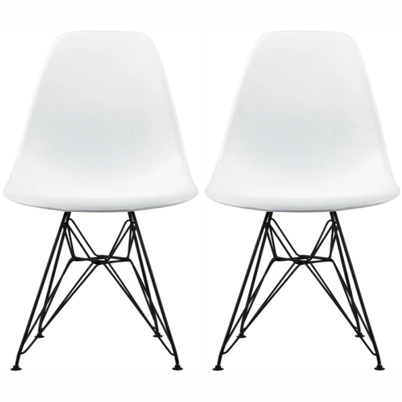 Set of 2 Mid-Century Modern Dining Side Chairs Armless Plastic Shell Seat with Black Metal Wire Eiffel Base, White