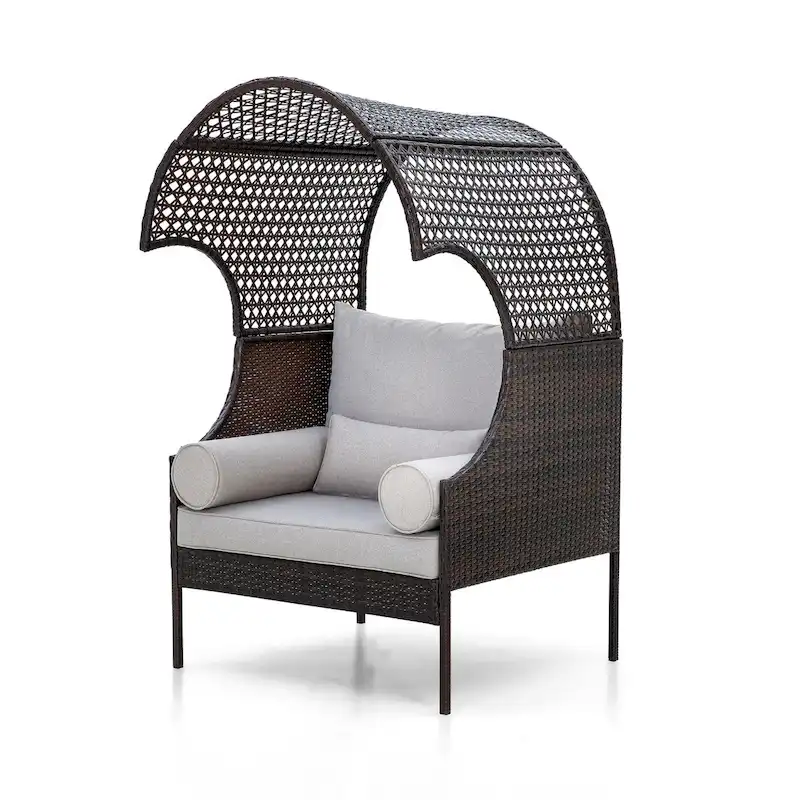 Single Rattan Sofa with Top Canopy, Elegant Wicker Couch for Outdoor