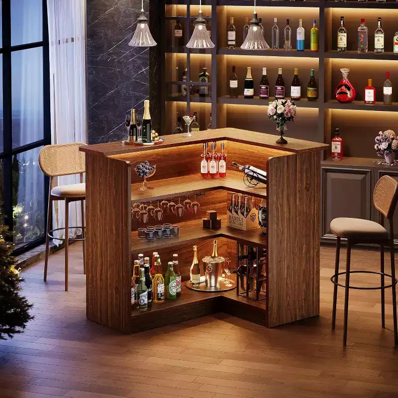 Brown L-Shaped Bar Cabinet with Glass Holder & Storage Shelves, Seats Up to 6