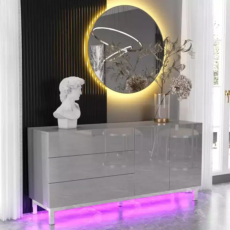 AMERLIFE High Gloss Electroplated Sideboard Buffet with LED Lights