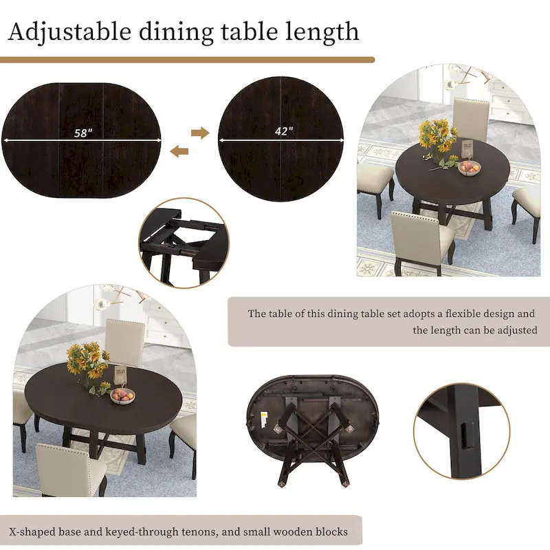 5 Piece Dining Table Set, Wooden Round Kitchen Dining Table Set with Extendable Dining Table and 4 Upholstered Dining Chairs