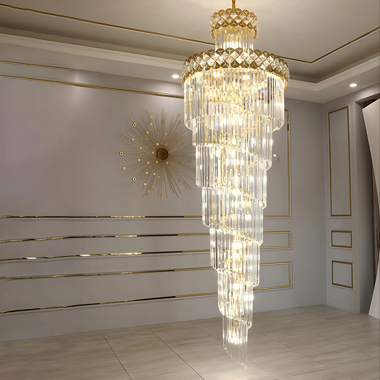 Luxurious Gold Spiral Crystal Round Tier Stairwell Chandelier