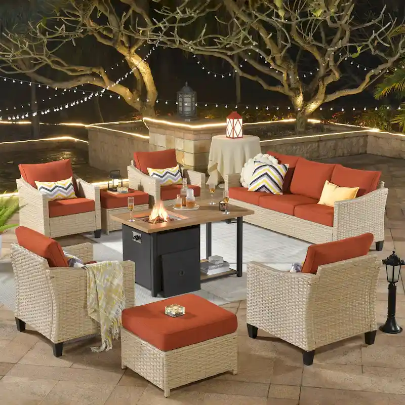 HOOOWOOO 8-piece Patio Wicker Rattan Conversation Set with Multifunctional Fire Pit Table