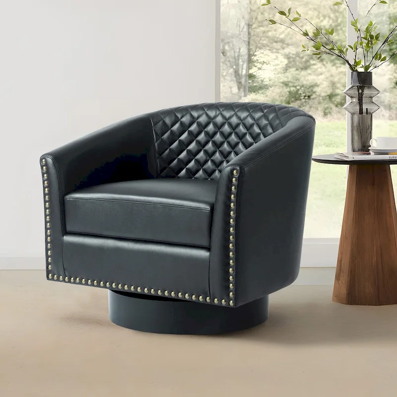 Modern Armchair Faux Leather Nailhead Trim Swivel Accent Chair