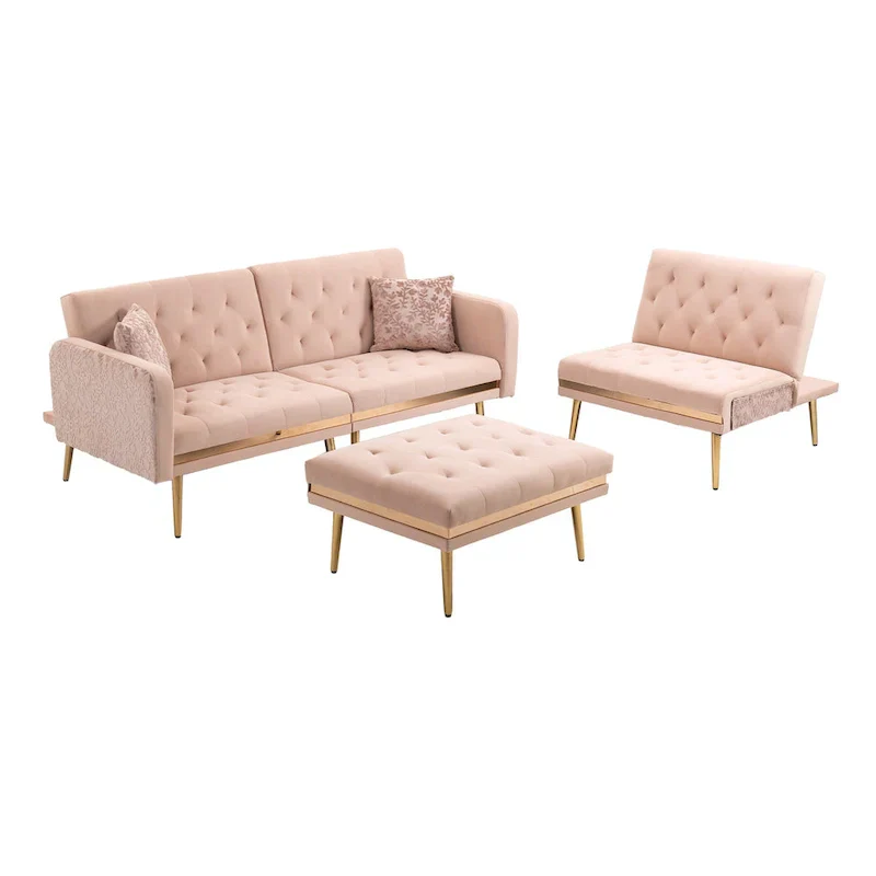 Polyester Upholstered Tufted Sleeper L-Shaped Sectional Sofa With Ottoman