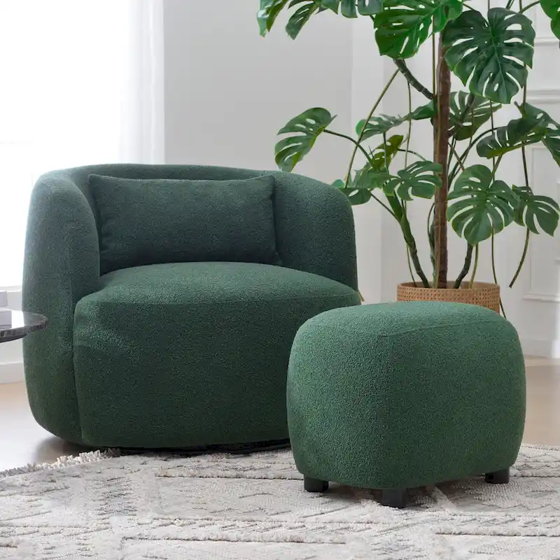 KINWELL 34 Poly Blend Boucle Fabric Upholstered Swivel Armchair