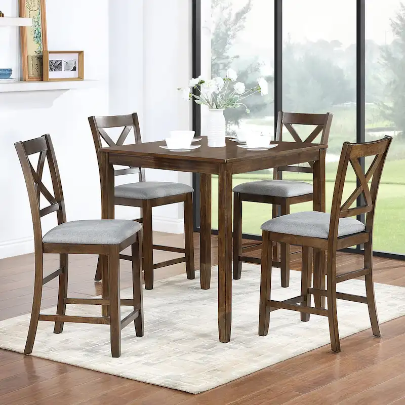 5 Piece Counter Height Table Set, Wooden Kitchen Table Set with Square Table and 4 Upholstered Chairs