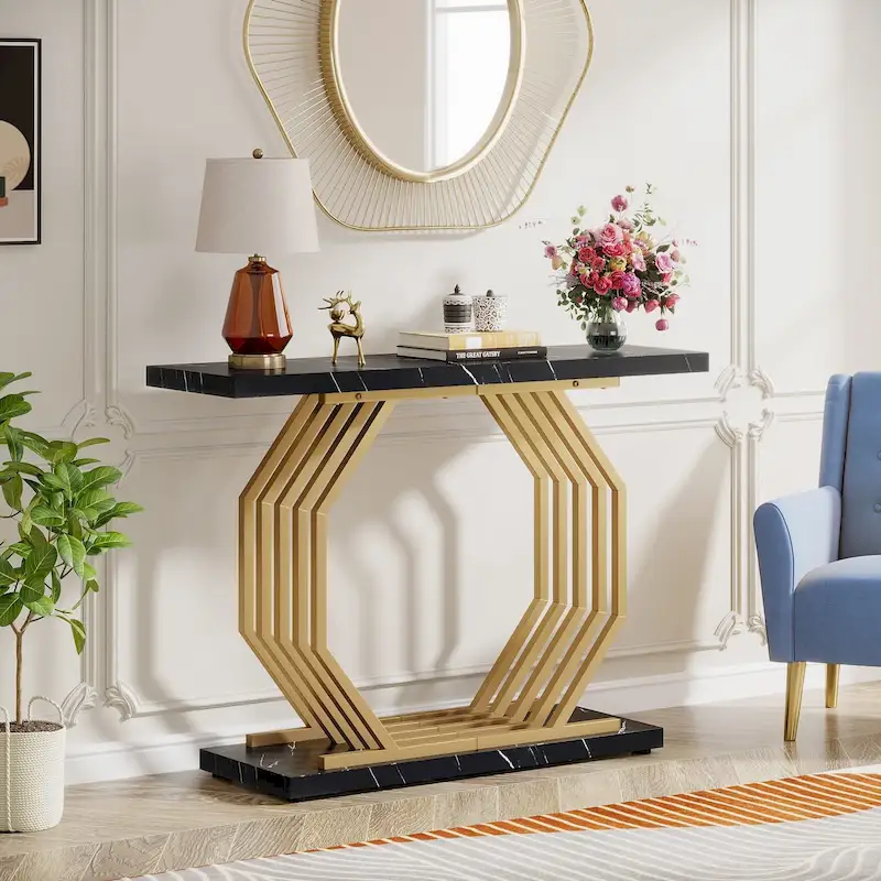 Gold Console Table, Faux Marble Entryway Table Narrow Sofa Table with Geometric Metal Base, 40 Inch Modern Accent Table