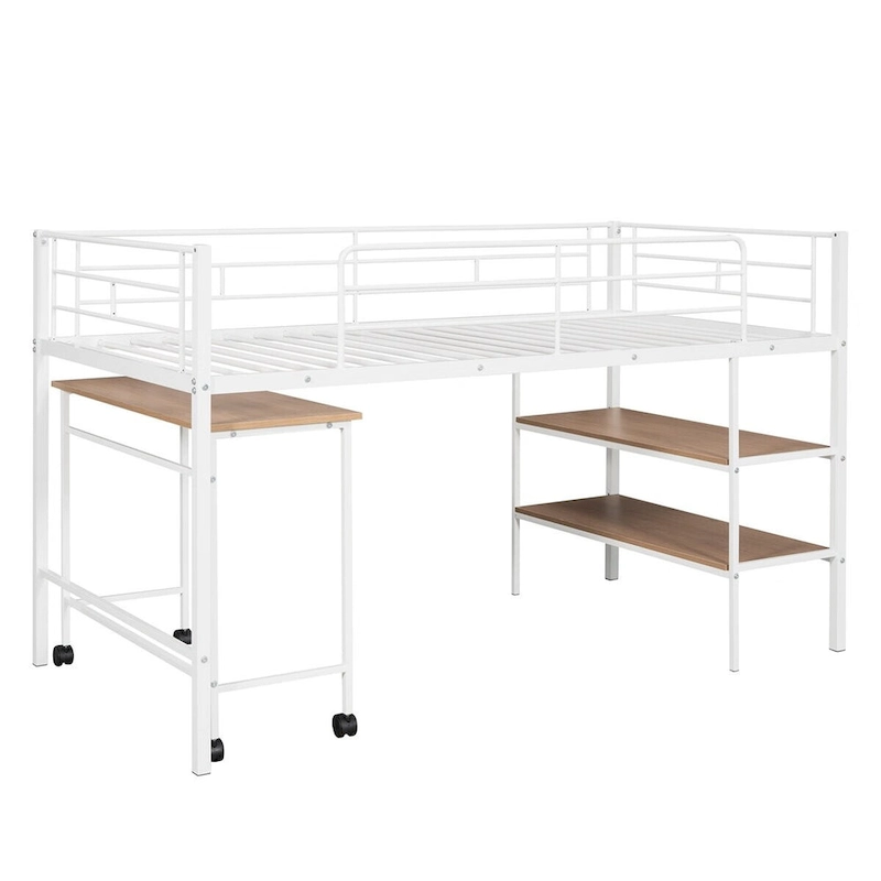 Merax Twin Size Metal Loft Bed with Desk and Shelves