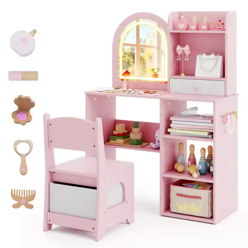 Costway Kids Vanity Set Princess Girls Makeup Vanity Desk w/ 3-Color LED Lighted Mirror Pink