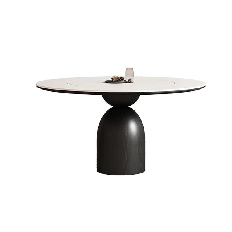Simple Black Wood Round Stone Dining Table